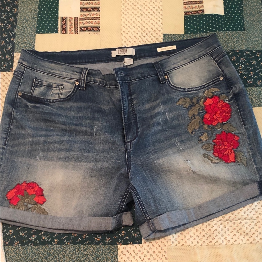 Vintage America Blue Denim Shorts with Red Floral Embroidery